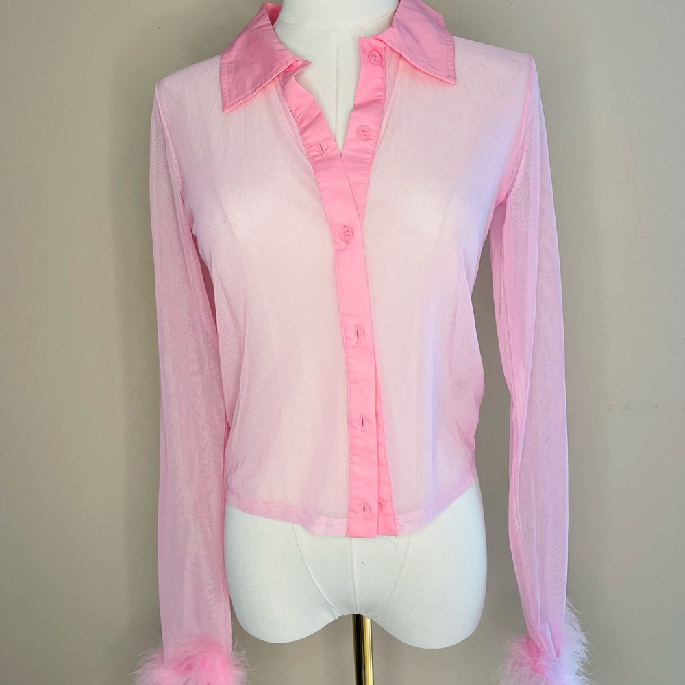 Sugar Thrillz Pink Sheer Feather Cuff Shirt